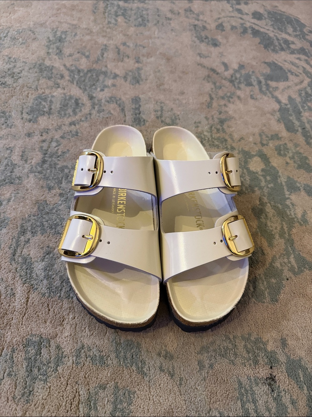 Birkenstock Kids White Two-Strap Sandal with Gold Buckles